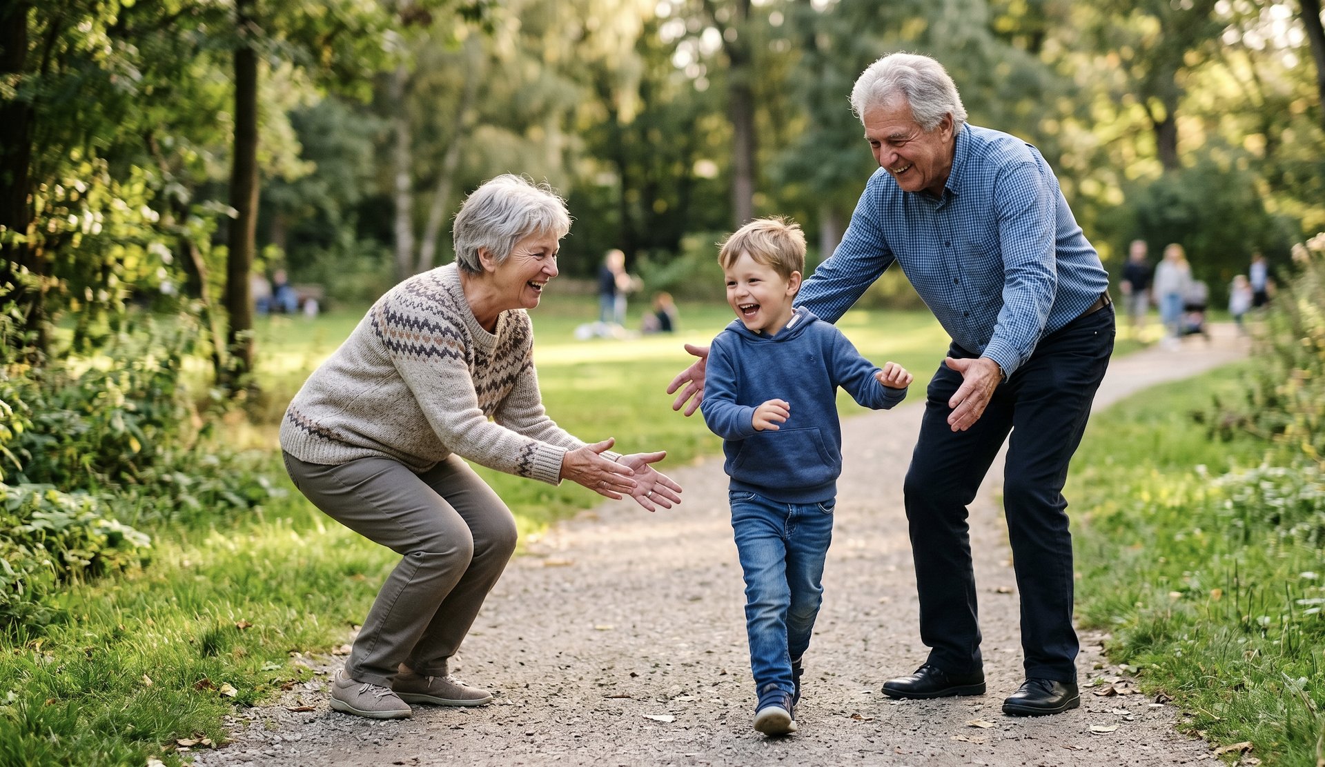 Großeltern spielen mit ihrem Enkel im Park
